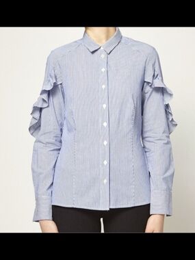 Sea New York Light Blue Pinstripe Ruffle-Sleeve Button Down Shirt Size 0